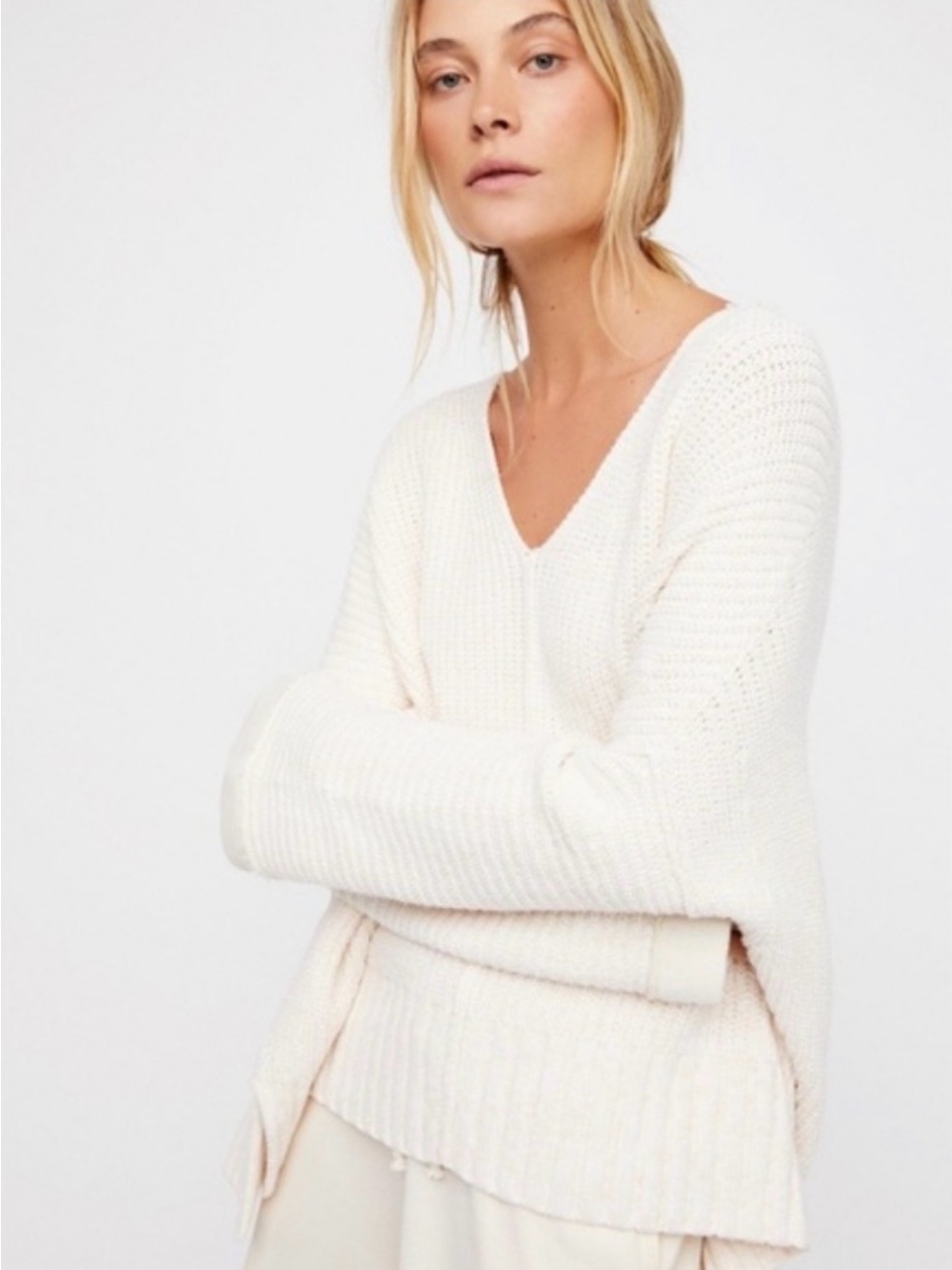 Free People Cream V-Neck Knit Pullover